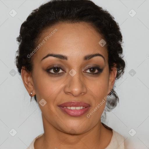 Joyful latino young-adult female with short  brown hair and brown eyes