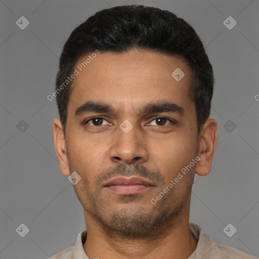 Neutral latino young-adult male with short  black hair and brown eyes