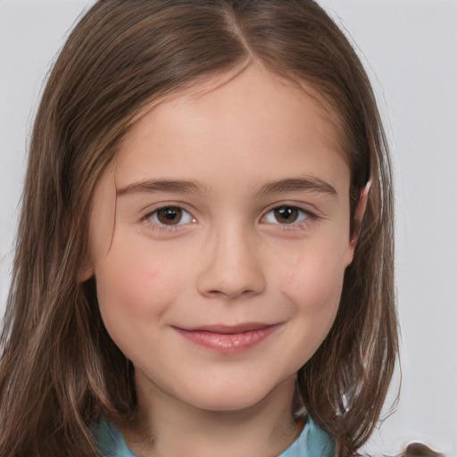 Joyful white child female with medium  brown hair and brown eyes