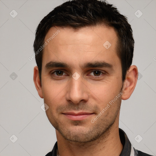 Joyful white young-adult male with short  brown hair and brown eyes