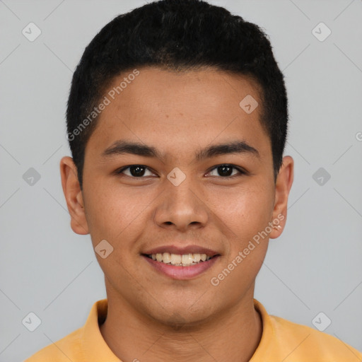 Joyful latino young-adult male with short  brown hair and brown eyes