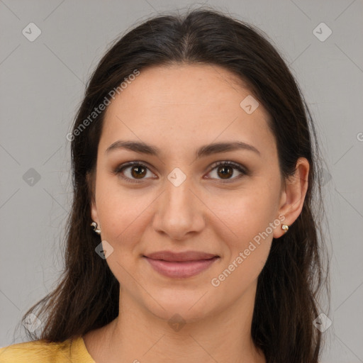 Joyful white young-adult female with long  brown hair and brown eyes