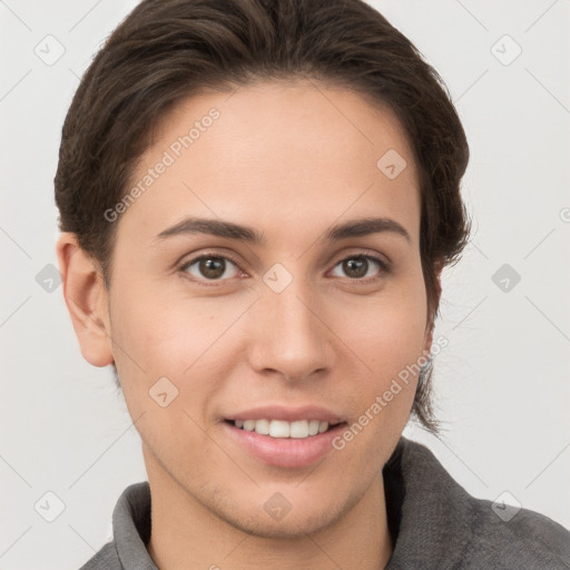 Joyful white young-adult female with short  brown hair and grey eyes