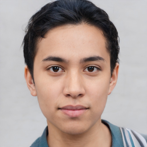 Neutral latino young-adult male with short  black hair and brown eyes