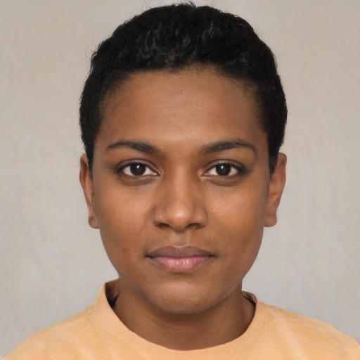 Neutral black young-adult female with short  black hair and brown eyes