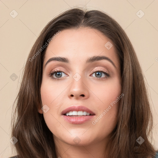 Neutral white young-adult female with long  brown hair and brown eyes