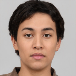 Neutral asian young-adult male with short  black hair and brown eyes