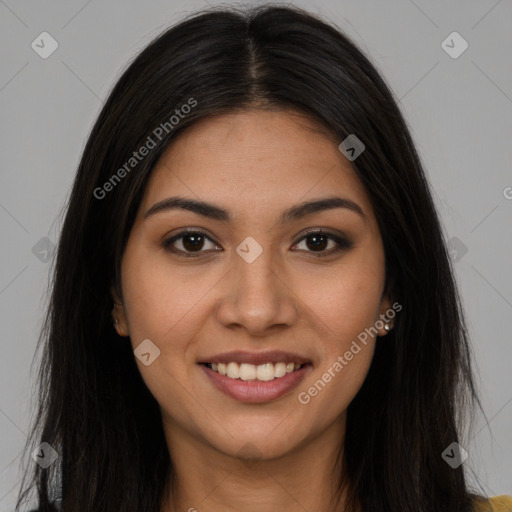 Joyful latino young-adult female with long  brown hair and brown eyes