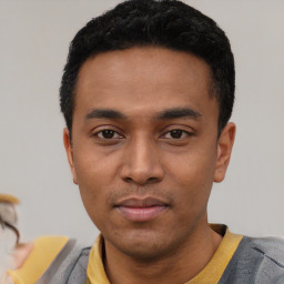 Neutral latino young-adult male with short  black hair and brown eyes