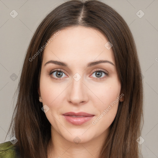 Neutral white young-adult female with long  brown hair and brown eyes