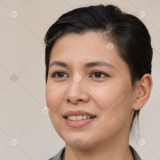 Joyful white young-adult female with medium  brown hair and brown eyes