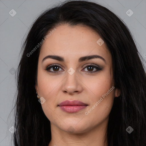 Joyful white young-adult female with long  brown hair and brown eyes