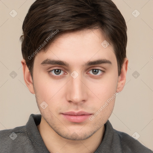 Neutral white young-adult male with short  brown hair and brown eyes