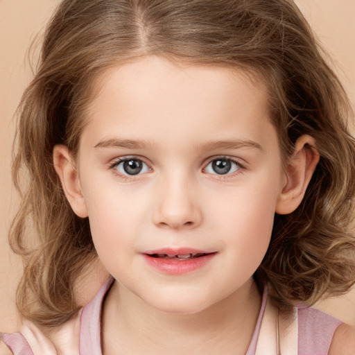 Joyful white child female with medium  brown hair and grey eyes