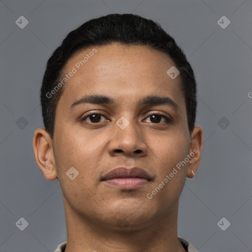 Neutral latino young-adult male with short  black hair and brown eyes