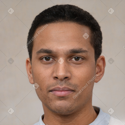 Neutral latino young-adult male with short  black hair and brown eyes