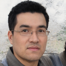 Neutral asian adult male with short  black hair and brown eyes