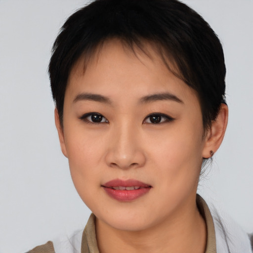 Neutral asian young-adult female with short  brown hair and brown eyes
