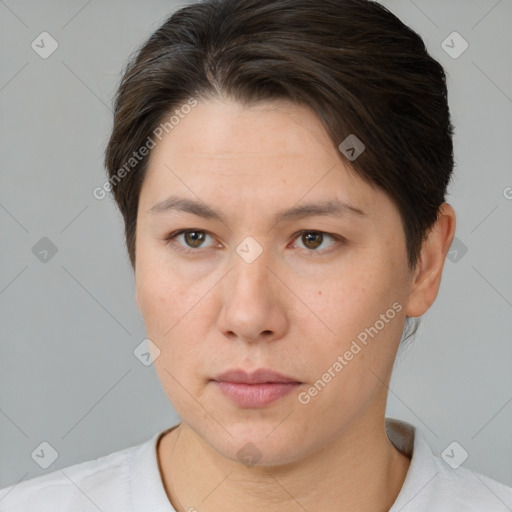 Neutral white young-adult female with short  brown hair and brown eyes