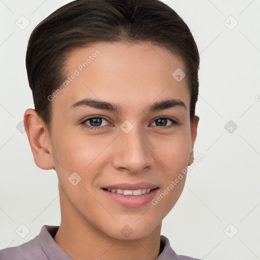 Joyful white young-adult female with short  brown hair and brown eyes