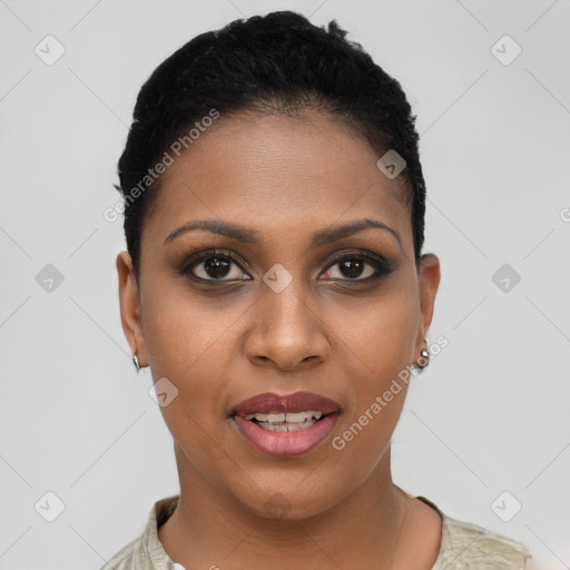 Joyful black young-adult female with short  brown hair and brown eyes