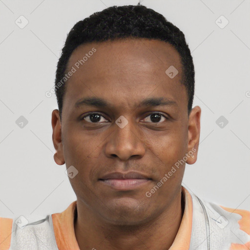 Neutral black young-adult male with short  black hair and brown eyes