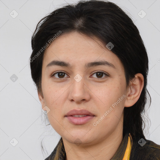 Joyful white young-adult female with medium  brown hair and brown eyes