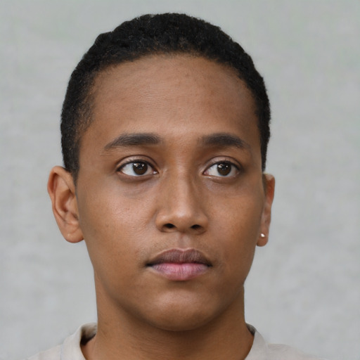 Neutral black young-adult male with short  brown hair and brown eyes