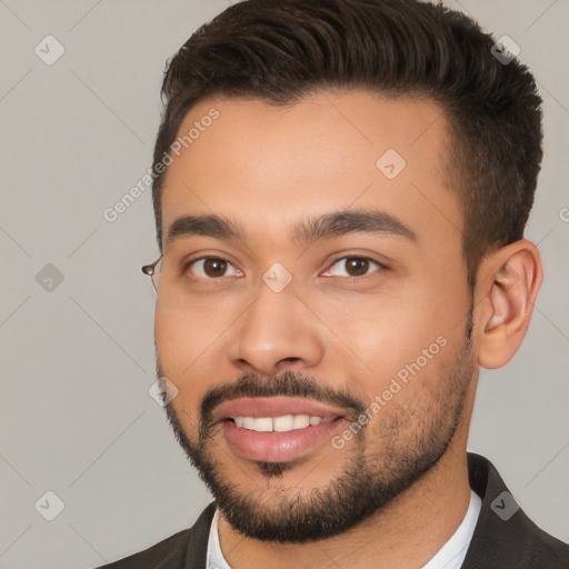 Joyful white young-adult male with short  brown hair and brown eyes