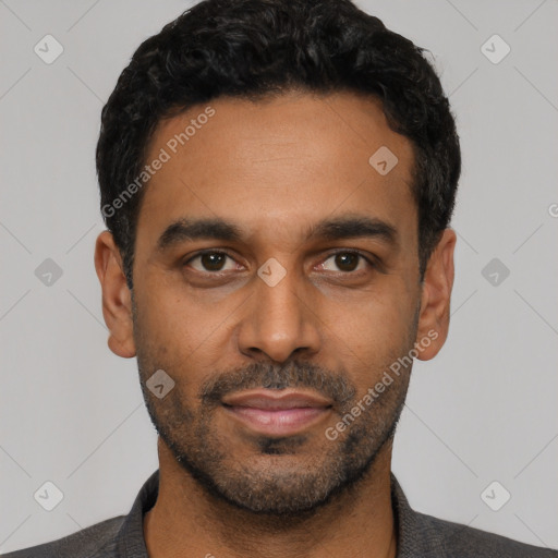 Neutral latino young-adult male with short  black hair and brown eyes