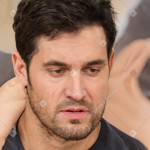 Neutral white adult male with short  brown hair and brown eyes