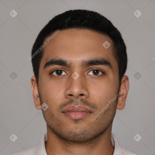 Neutral latino young-adult male with short  black hair and brown eyes