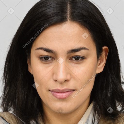 Joyful asian young-adult female with long  brown hair and brown eyes