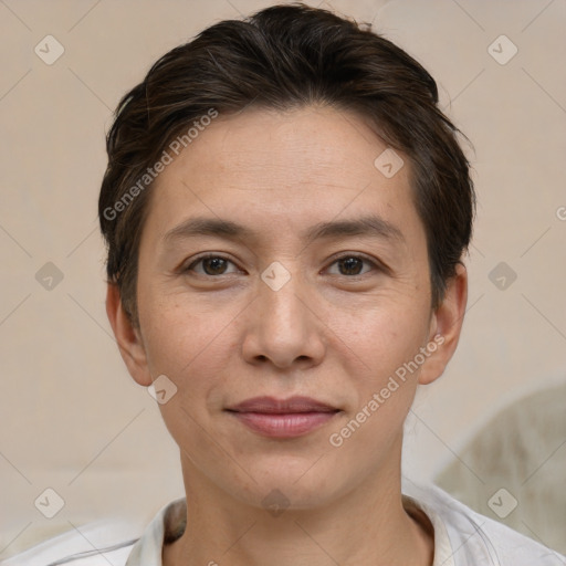 Joyful white young-adult female with short  brown hair and brown eyes