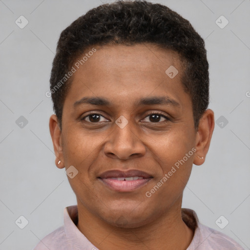 Joyful latino young-adult male with short  brown hair and brown eyes