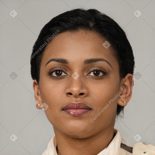 Neutral latino young-adult female with short  black hair and brown eyes