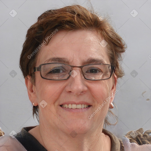 Joyful white adult female with short  brown hair and brown eyes