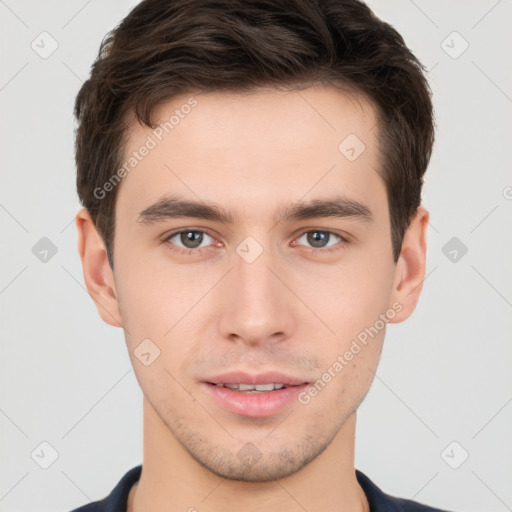 Neutral white young-adult male with short  brown hair and brown eyes