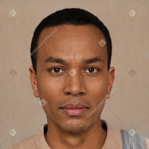 Neutral latino young-adult male with short  black hair and brown eyes