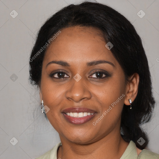 Joyful black young-adult female with medium  black hair and brown eyes