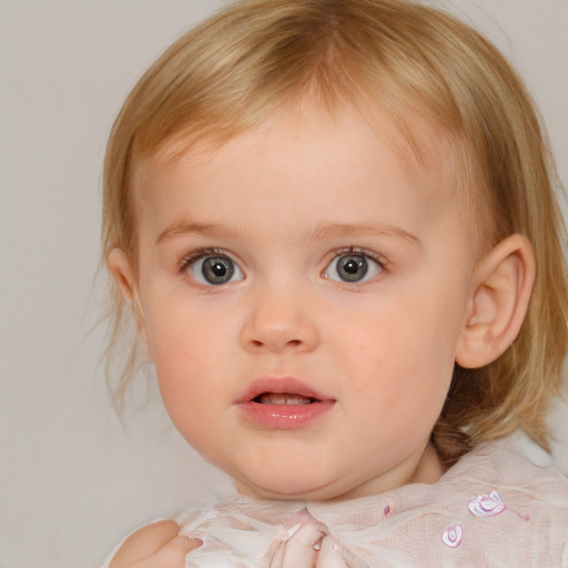 Neutral white child female with medium  brown hair and blue eyes