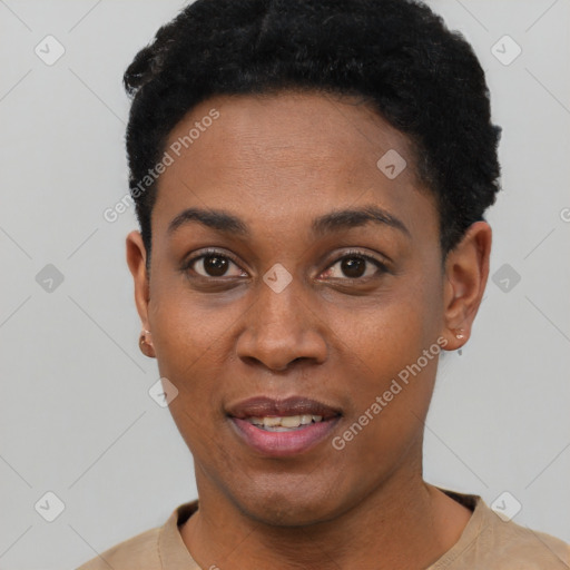 Joyful black young-adult female with short  black hair and brown eyes