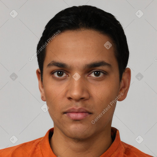 Neutral latino young-adult male with short  black hair and brown eyes