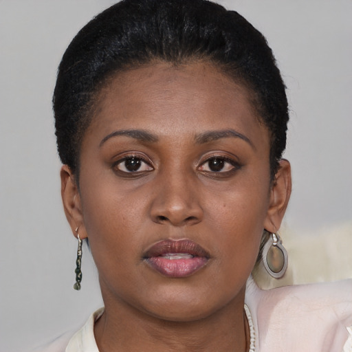 Neutral black young-adult female with short  brown hair and brown eyes