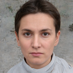 Neutral white young-adult female with short  brown hair and brown eyes