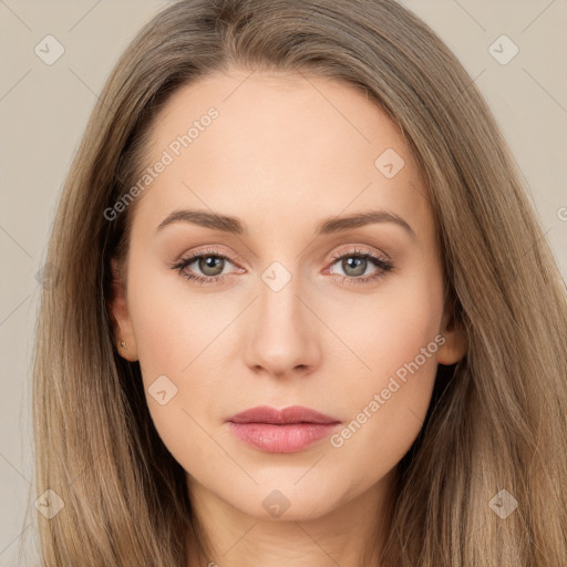 Neutral white young-adult female with long  brown hair and brown eyes