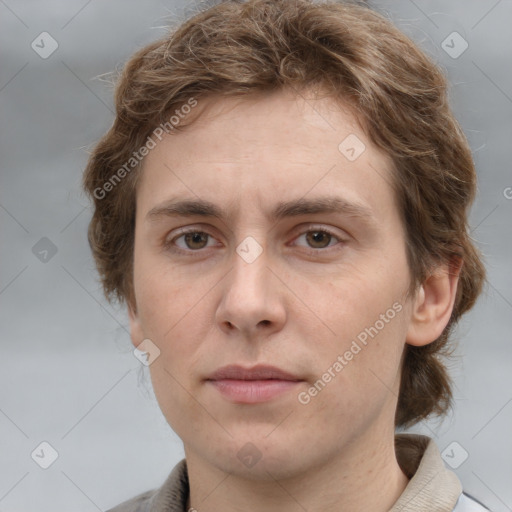 Neutral white young-adult female with medium  brown hair and grey eyes