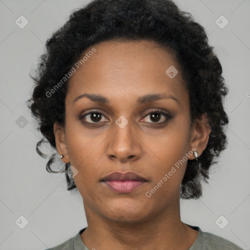 Neutral black young-adult female with short  black hair and brown eyes