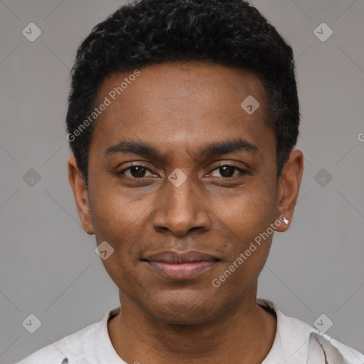 Neutral latino young-adult male with short  black hair and brown eyes