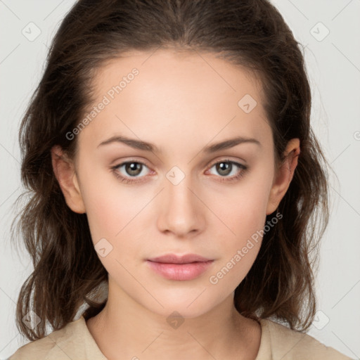 Neutral white young-adult female with medium  brown hair and brown eyes